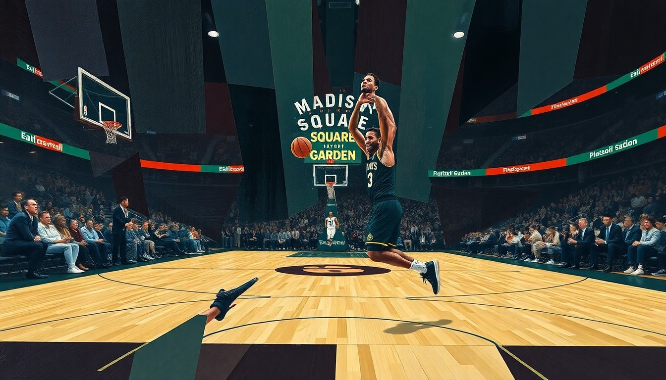 A cubist, geometric painting depicting a basketball player's movements and emotions on a basketball court, with sharp, overlapping planes in muted navy, green, and burgundy tones.