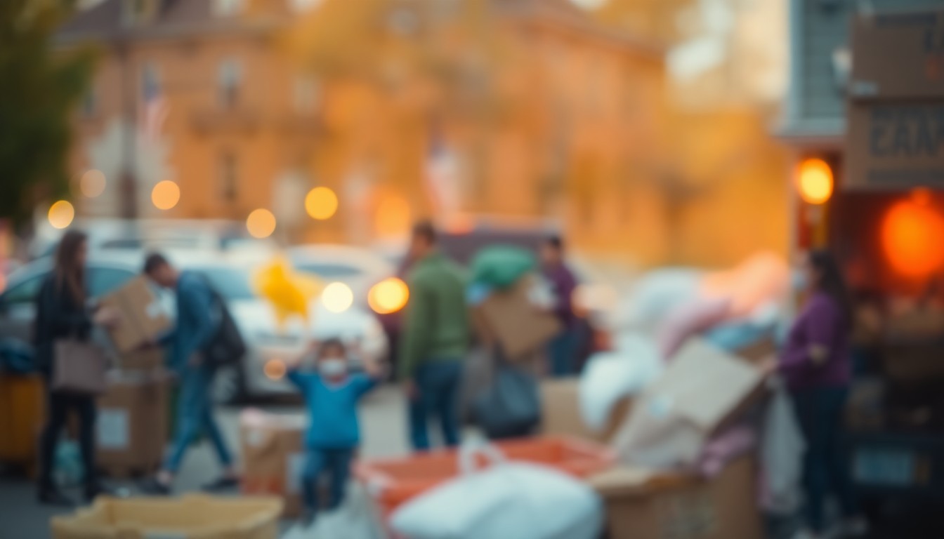 An extremely blurred, impressionistic scene of residents unloading bulky items at a community event, with soft, warm pools of light and color, conceptually representing the spirit of a neighborhood cleanup effort.