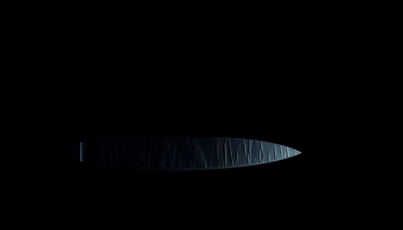 An extreme close-up of a single kitchen knife against a pitch-black background, lit by a harsh, direct camera flash, conceptually illustrating the violence involved in this tragic domestic incident.