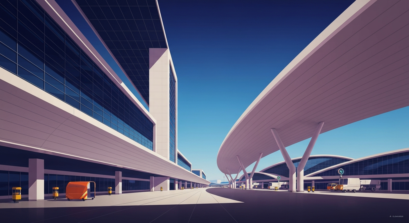 A highly stylized, geometric illustration depicting the grand, sweeping architecture of an airport terminal, rendered in smooth, airbrushed gradients of blues and grays, capturing the sleek, modern design of the facility.