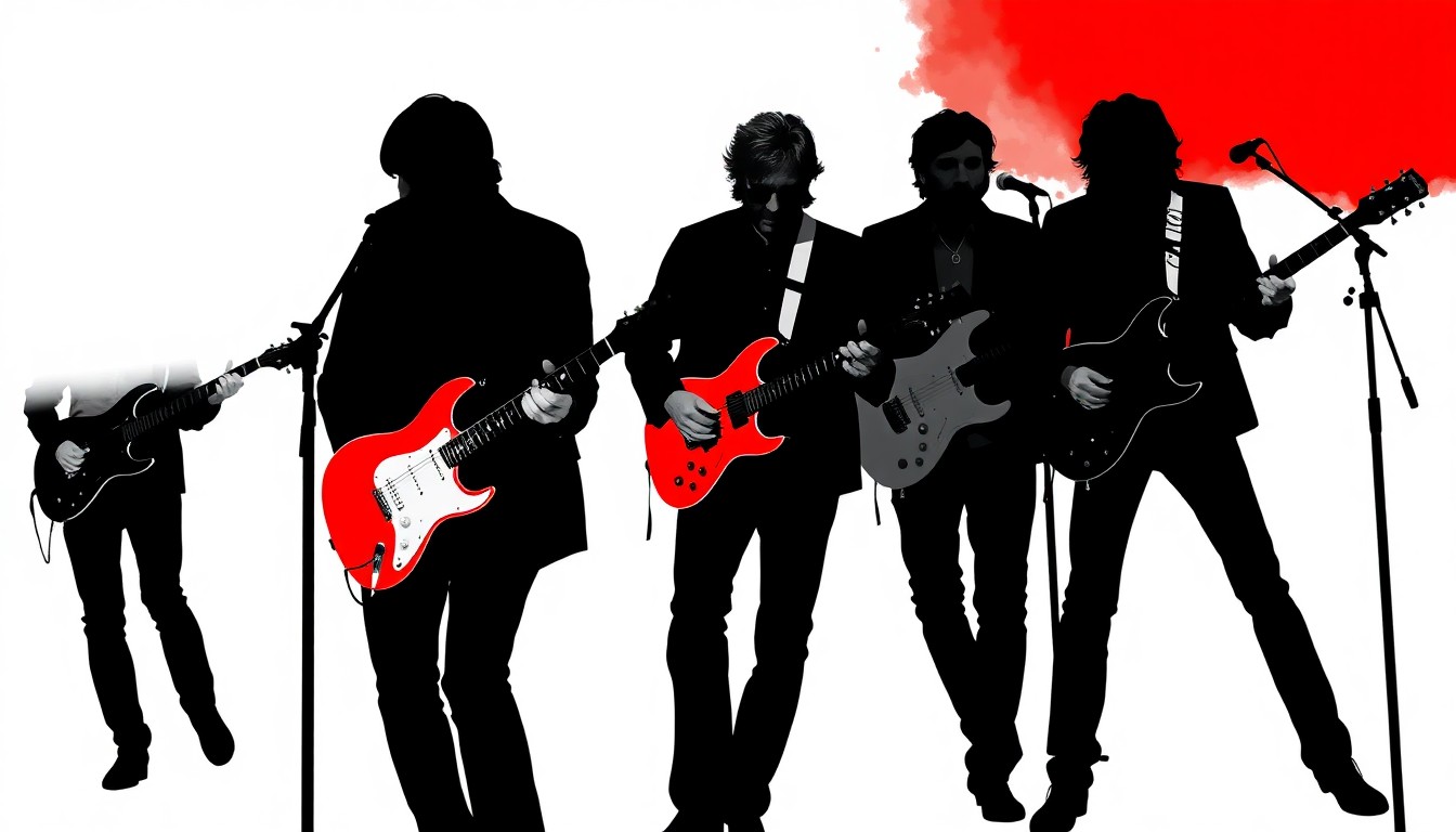 A striking abstract illustration featuring bold black silhouettes and vibrant red and white shapes, conceptually representing the iconic music of Graham Nash.