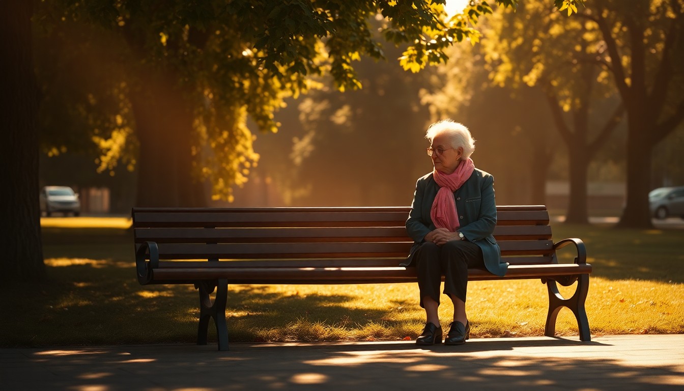 A serene, cinematic painting of an elderly woman sitting alone on a park bench, the warm sunlight and deep shadows conveying a sense of quiet resilience and the lasting impact of a lifetime of activism.