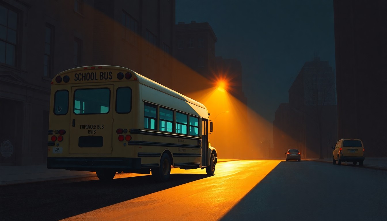 A serene, cinematic painting of a solitary school bus parked on a city street, with warm sunlight and deep shadows creating a contemplative mood that reflects the significance of a grassroots political victory for public education.