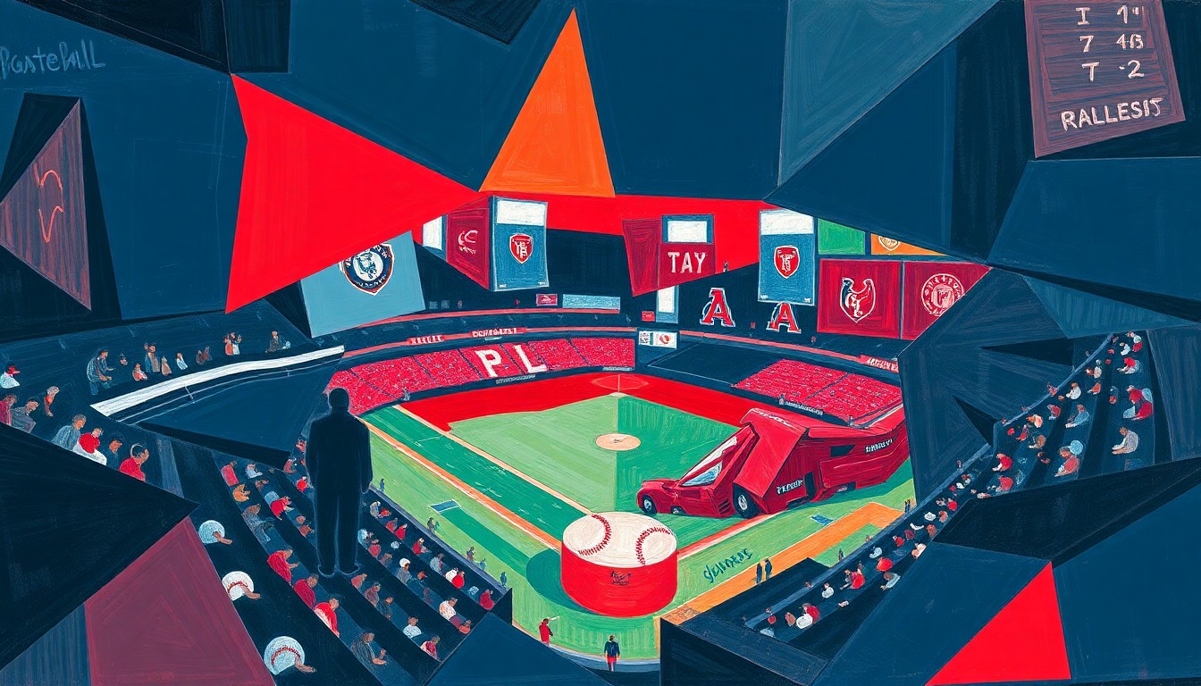 A cubist, fragmented painting depicting a Guardians baseball game, with the players and field broken down into sharp, overlapping planes of navy blue and red, capturing the team's energy and momentum.