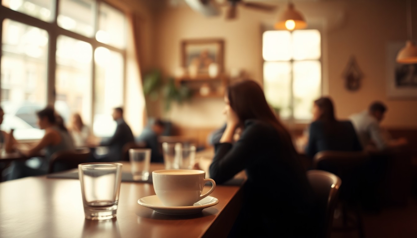 An abstract, impressionistic photograph showing the blurred interior of a cafe, with muted colors and soft natural light creating a warm, inviting atmosphere.