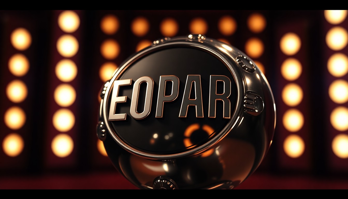 An extreme close-up photograph of a metallic game show buzzer under dramatic studio lighting, capturing the glamour and intensity of the 'Jeopardy!' competition.
