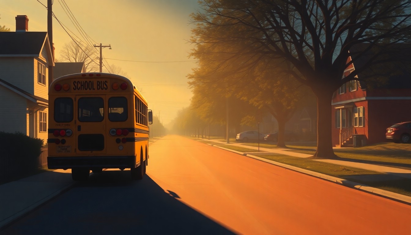 A serene, photorealistic painting of a lone school bus parked on a quiet residential street, the vehicle's chrome and paint reflecting the warm glow of the afternoon sun and creating deep shadows across the pavement. The scene conveys a sense of contemplation and uncertainty about the future of the local school system.