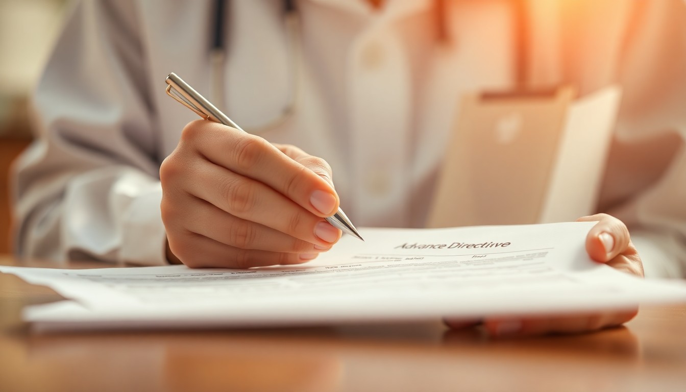 An extremely abstracted, out-of-focus photograph of a healthcare worker's hands holding advance directive paperwork, composed entirely of soft pools of warm color and light.