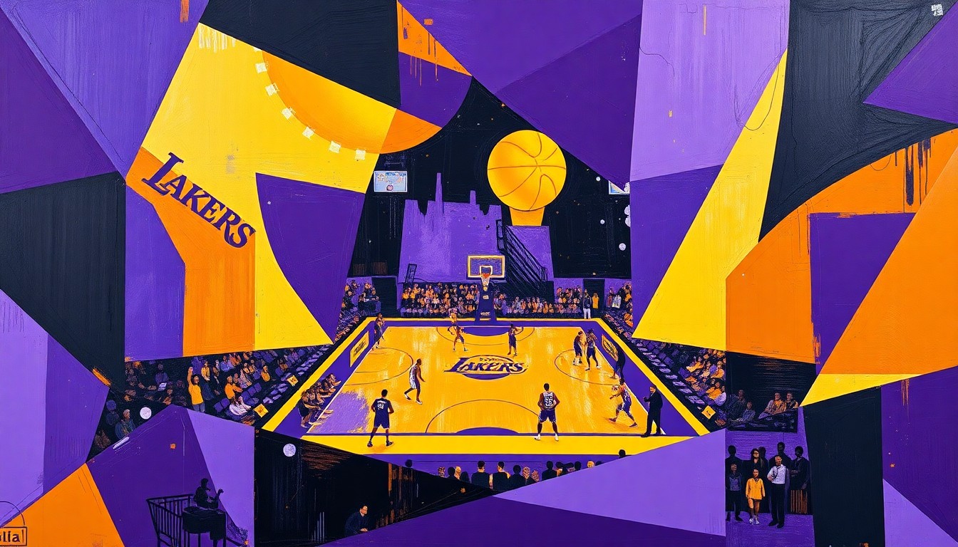 A cubist, geometric painting depicting a Lakers basketball game, with sharp, overlapping planes of purple, gold, and black representing the action on the court.