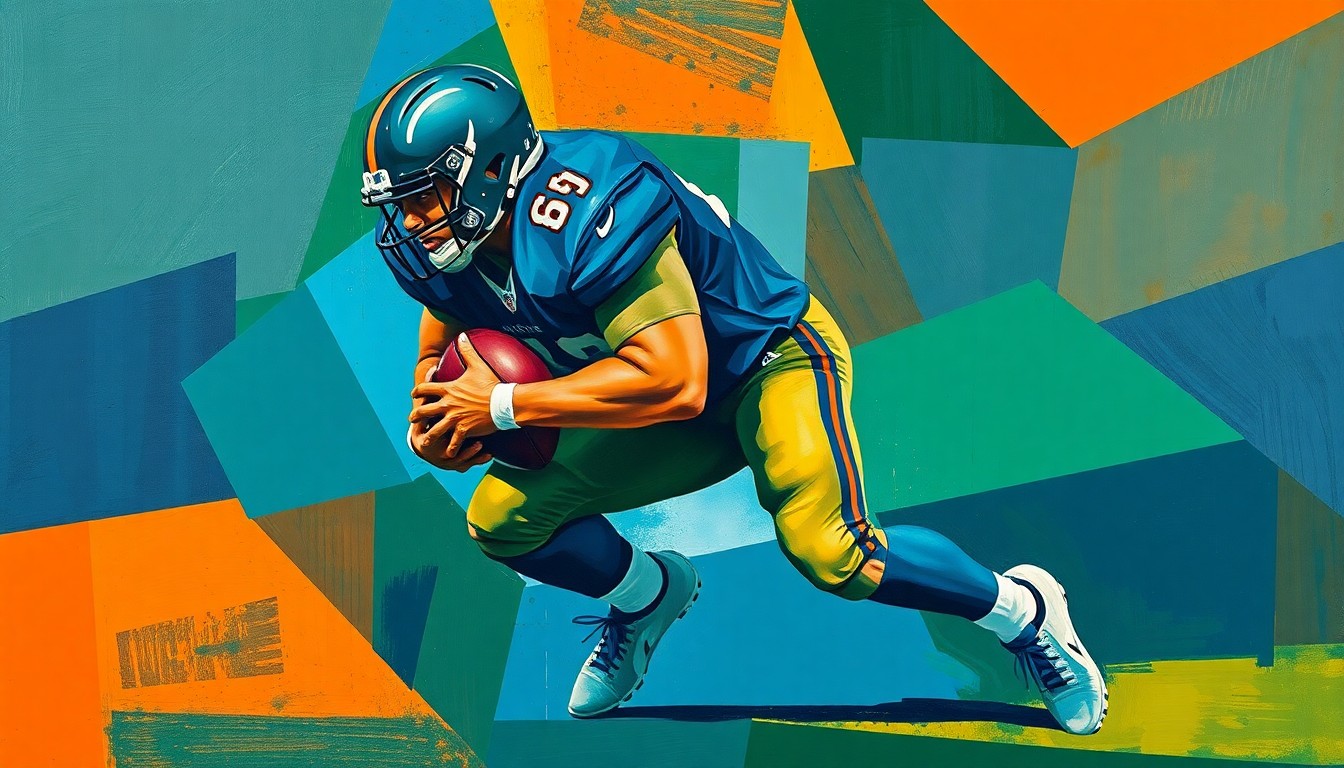 A fragmented, cubist-style painting depicting the powerful movements of a defensive lineman making a tackle, with sharp geometric shapes in navy, green, and orange conveying the intensity of the play.