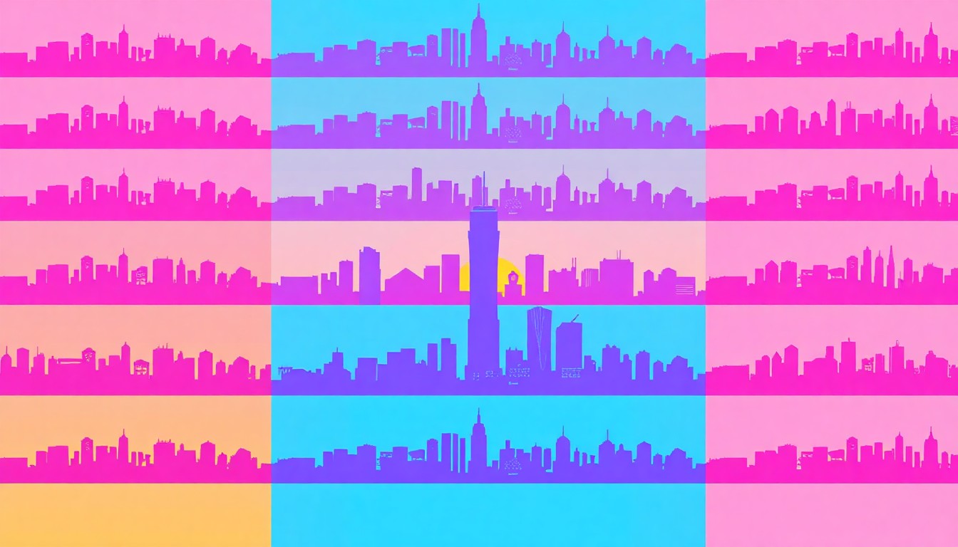 A bold, abstract silkscreen print featuring a repeated city skyline silhouette in a grid of neon blue, pink, and yellow, conceptually representing the vibrant energy and innovative spirit of municipal leadership development.