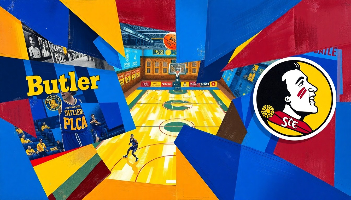 A fractured, cubist-style painting depicting the dynamic movements and energy of a basketball game, with sharp geometric shapes and planes in Butler's blue and gold colors as well as the primary colors of Florida State.