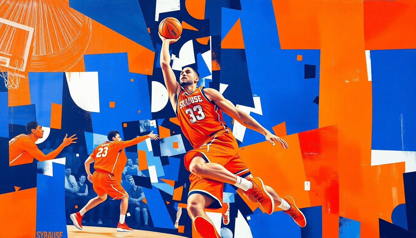 A fragmented, geometric painting in bold colors depicting the movements and energy of a basketball player on the court, representing the excitement of college basketball.