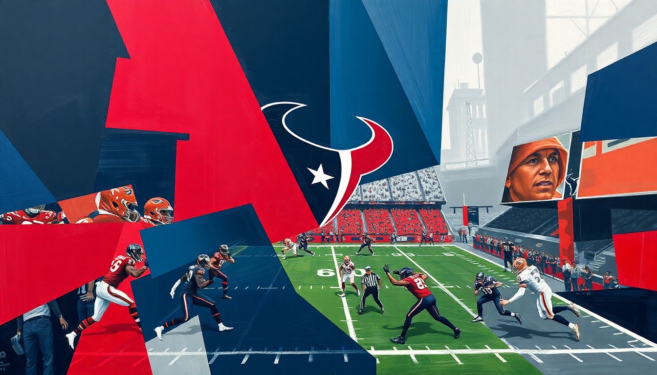 A fragmented, cubist-style painting depicting a football game, with the players and field broken down into sharp, overlapping geometric shapes in navy, red, and gray tones, conveying the strategic nature of the Texans' contract decisions.
