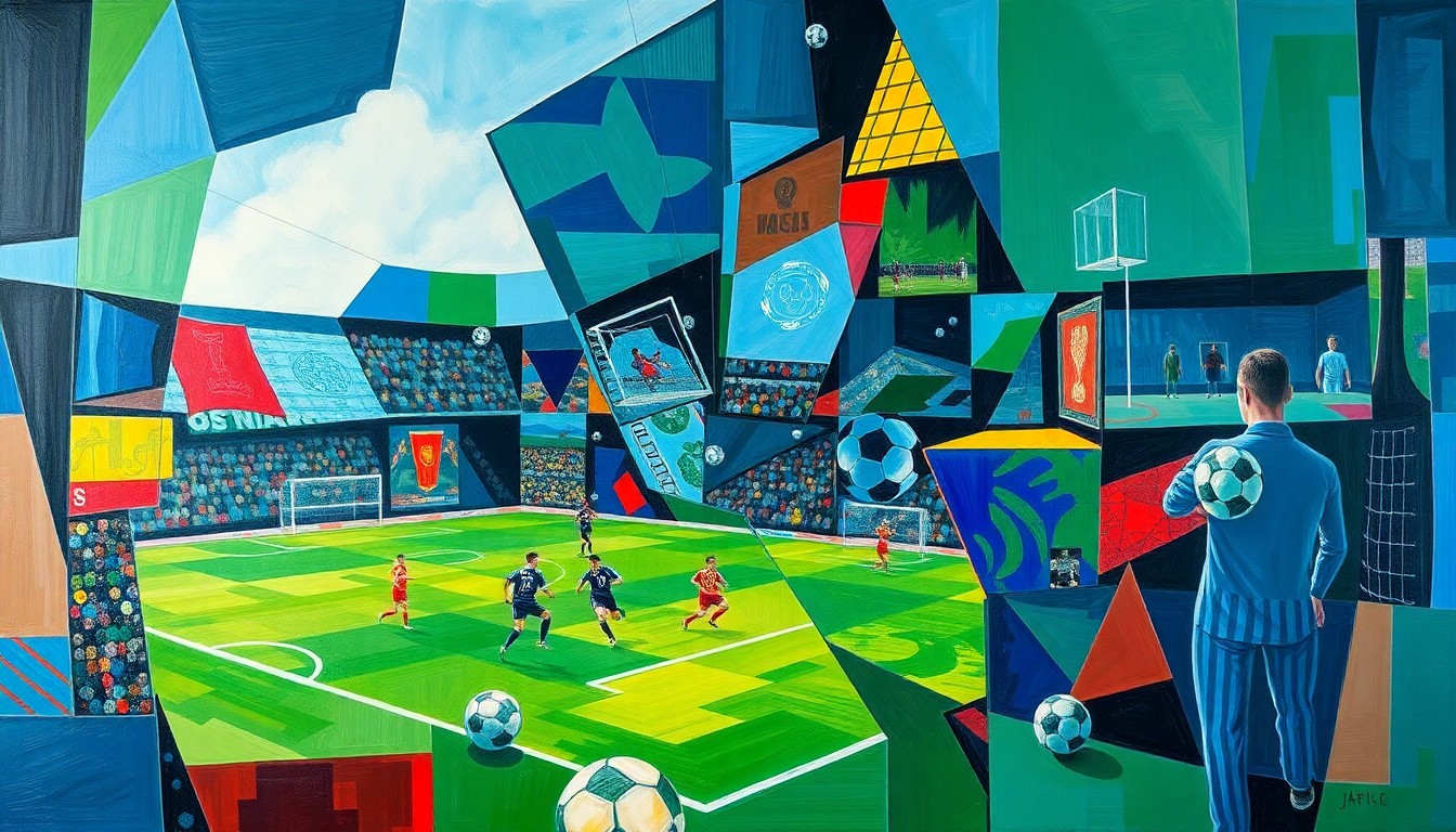 A cubist, geometric painting depicting a fragmented soccer match, with overlapping planes of deep blue, green, and red shapes representing the chaos and intensity of a major sporting event.