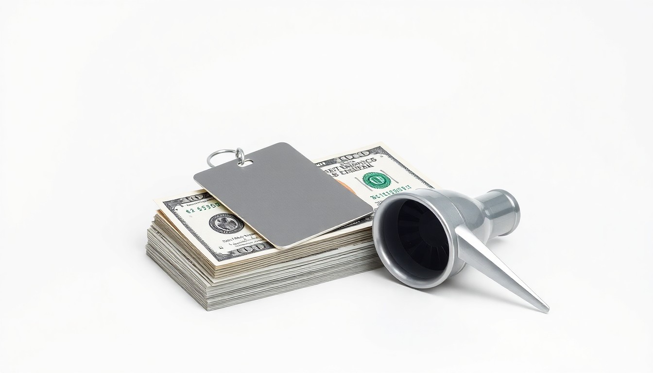 A minimalist studio still life photograph featuring a polished metal luggage tag, a stack of dollar bills, and a single jet engine turbine blade against a clean white background, conceptually representing the financial pressures facing airlines due to higher fuel costs.