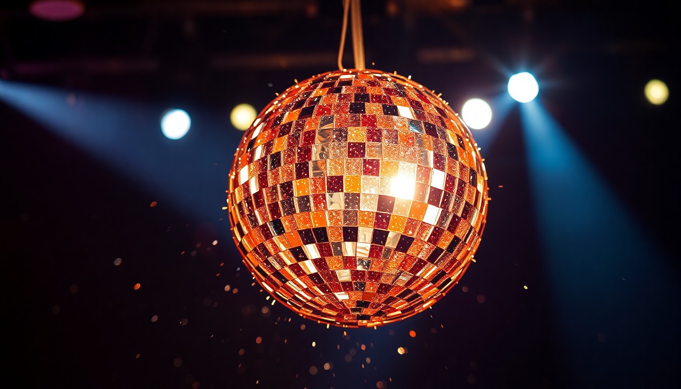 An abstract close-up image of shimmering, reflective stage lights against a dark background, creating a glamorous, high-fashion aesthetic.