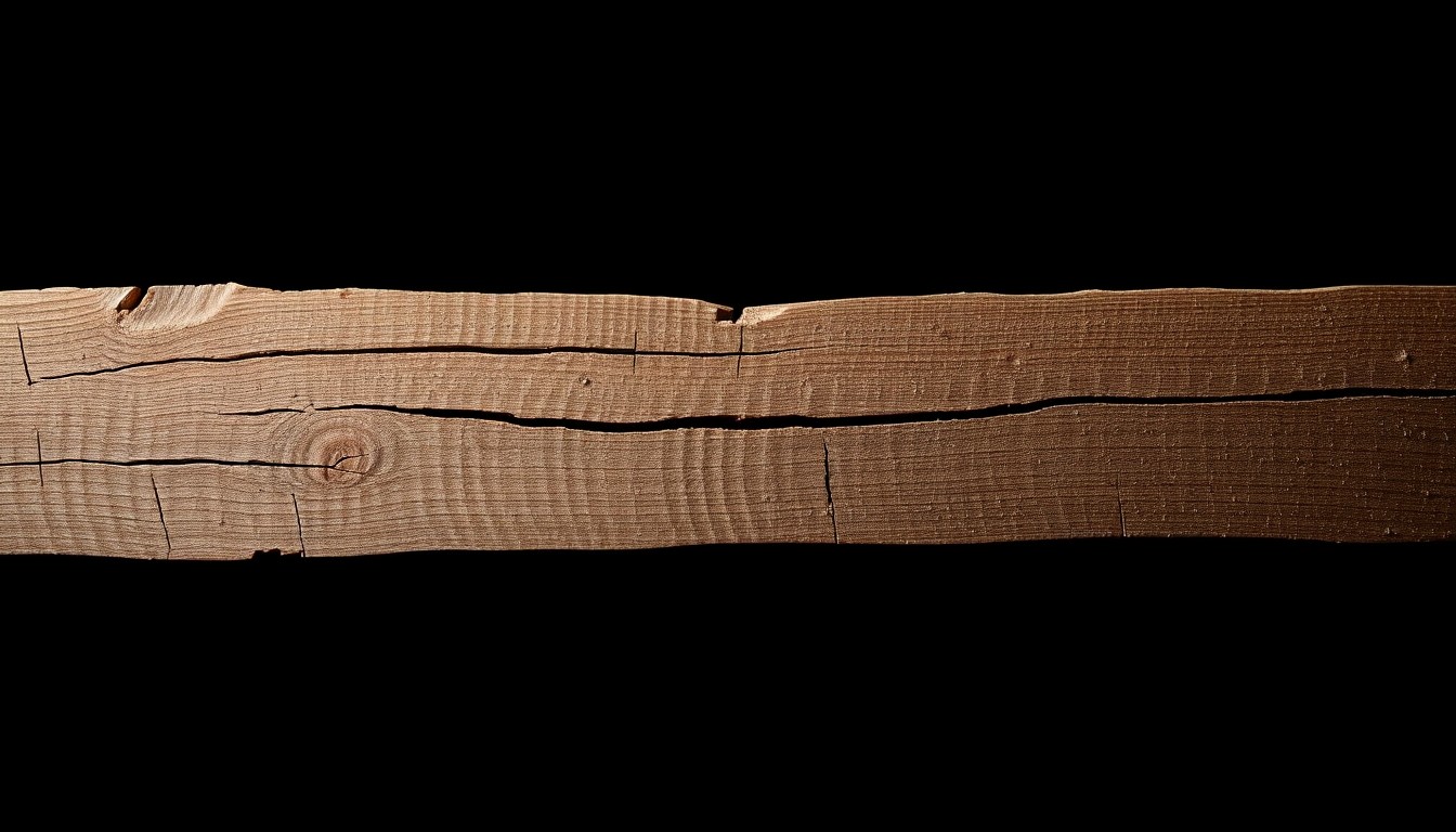 An extreme close-up of a broken wooden plank, the harsh lighting and dark background creating a stark, gritty, and investigative aesthetic that conceptually represents the violent crime at the heart of this story.