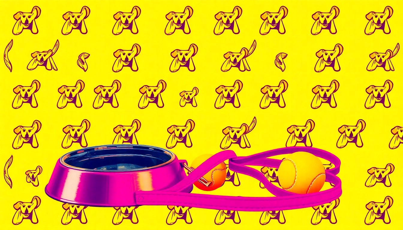 A vibrant, high-contrast silkscreen print featuring a repeating grid of dog bowls, leashes, and tennis balls in neon colors, conceptually representing the lively and playful atmosphere of the Crate Escapes Dog Park and Bar.