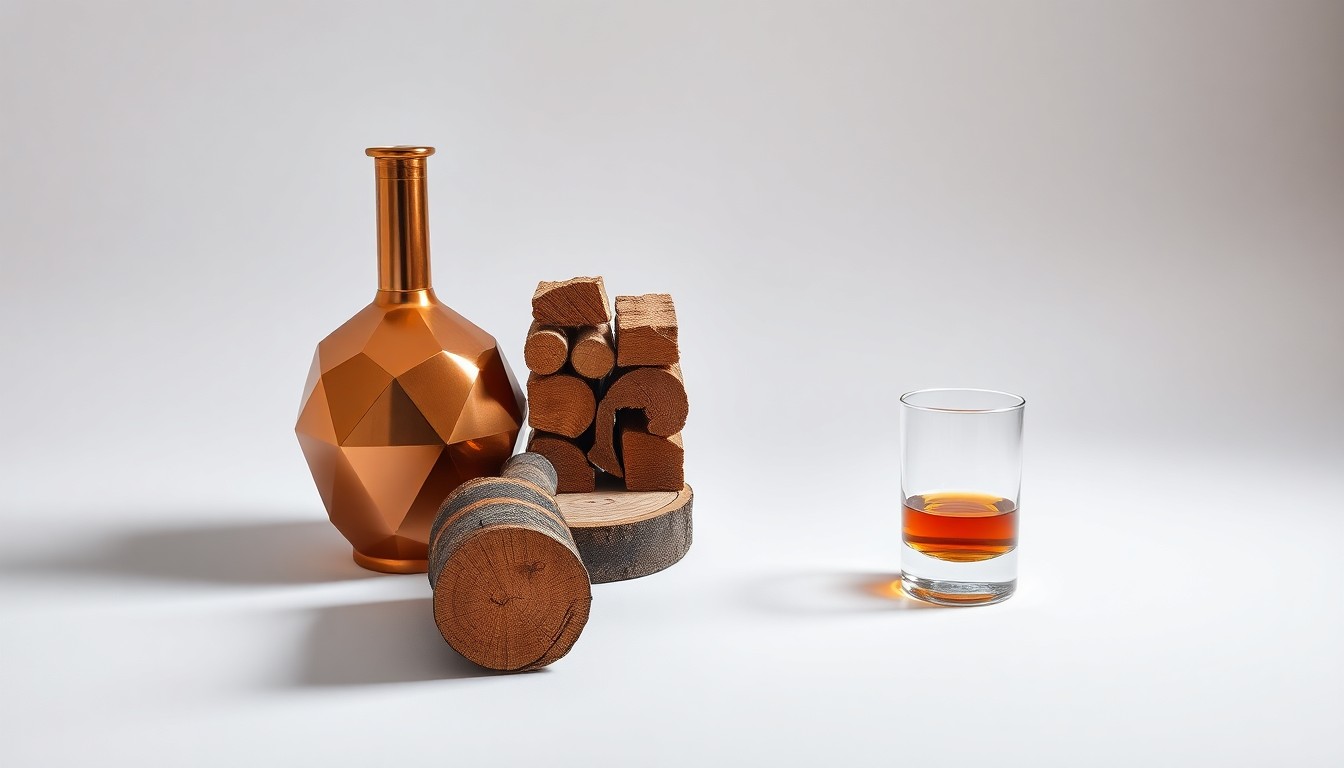 A high-end, photorealistic studio still-life photograph featuring a polished, geometric copper whiskey still, a stack of oak barrel staves, and a single glass tumbler filled with amber-colored whiskey, all arranged elegantly on a clean, monochromatic seamless background.