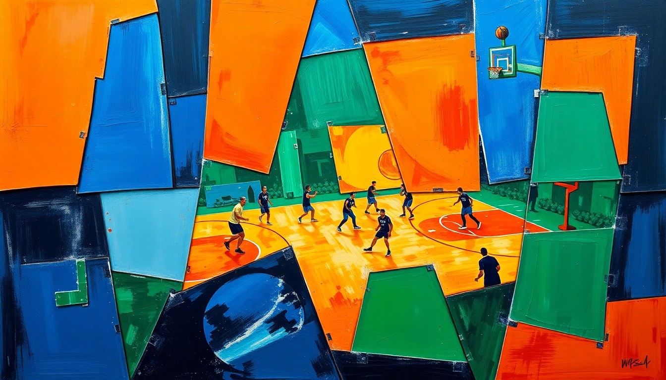 A fragmented, geometric painting depicting a basketball game, with players and the court broken down into sharp, overlapping planes of vivid blue, orange, and green hues, capturing the dynamic nature of the sport.