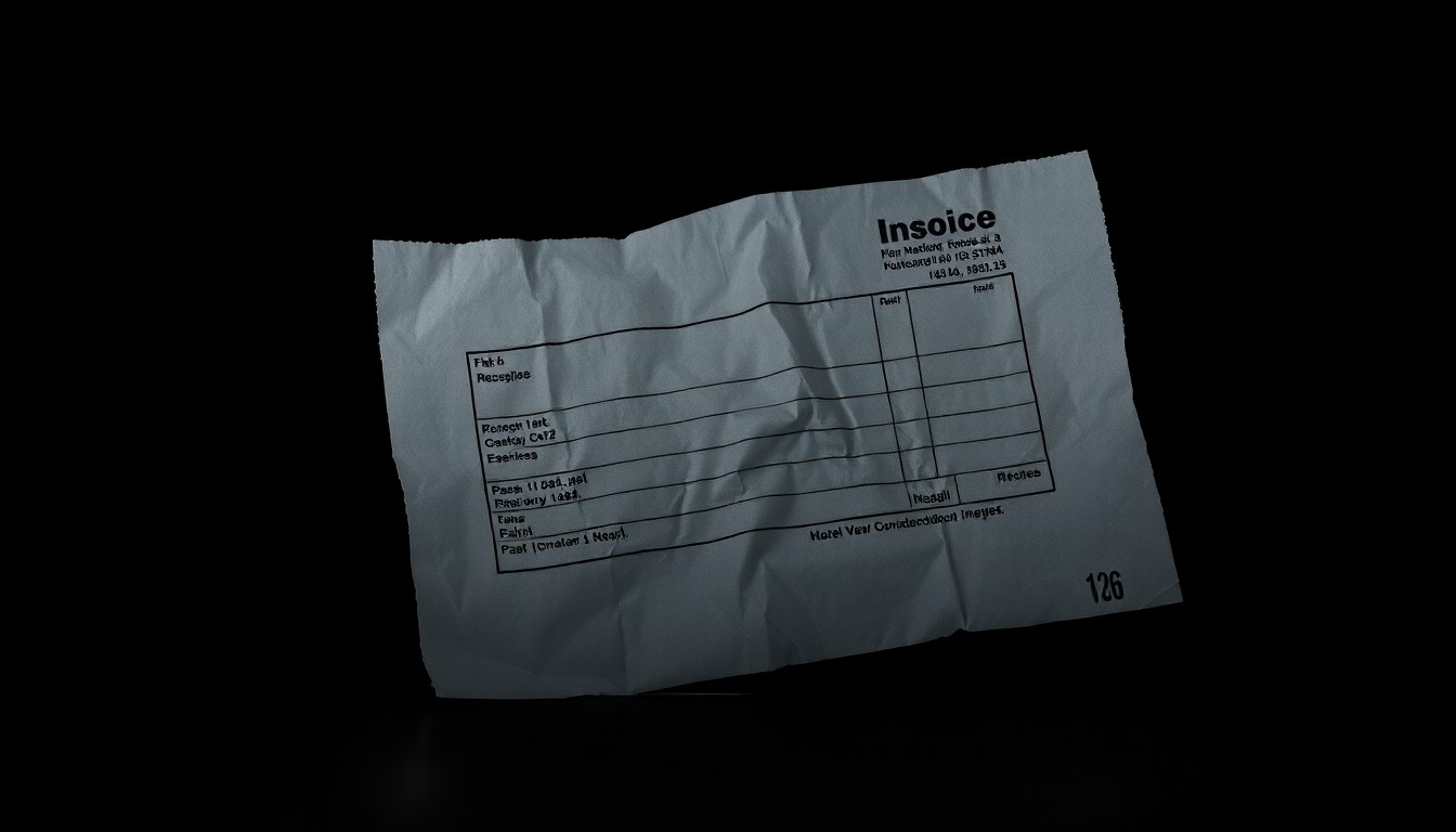 An extreme close-up photograph of a crumpled, weathered receipt or invoice, lit by a harsh, direct camera flash against a pitch-black background, conceptually representing the gritty details of a contractor fraud investigation.