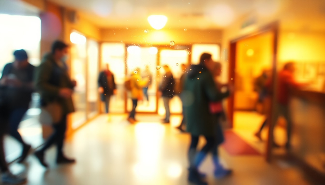 An abstract, impressionistic scene of people entering and exiting a homeless shelter, with soft, warm pools of light and color creating a sense of community and compassion.