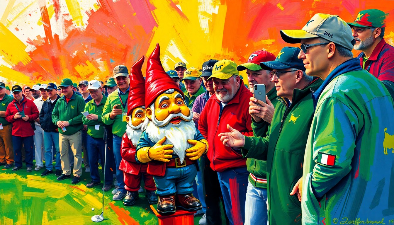 An abstract, energetic painting in vibrant neon colors depicting a crowd of golf fans excitedly rushing to purchase the iconic Masters garden gnome, capturing the excitement and anticipation of this unique annual tradition.