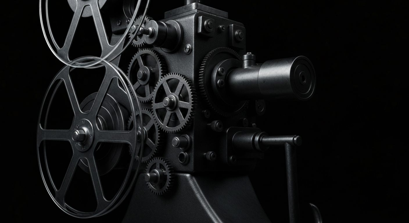 An extreme close-up of the complex inner workings of a vintage film projector, with gears, pulleys, and other mechanical components filling the frame, conceptually representing the technological foundations of the entertainment industry.
