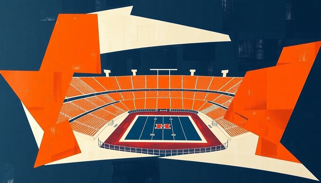 A fragmented, geometric painting depicting the iconic Jordan-Hare Stadium broken down into sharp, overlapping planes of orange, blue, and white, conveying the ambitious renovation plans for the college football venue.