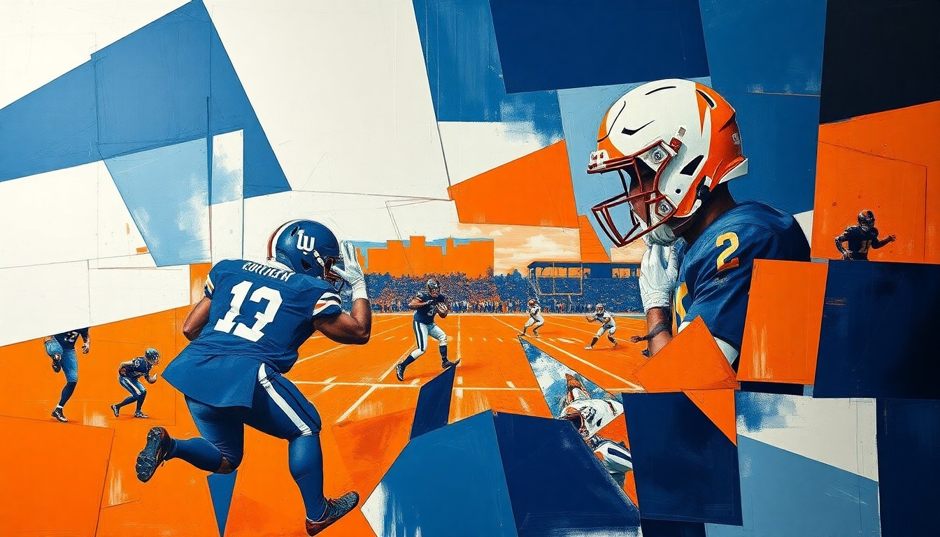 A cubist-style painting featuring overlapping geometric shapes and planes in navy blue, burnt orange, and white, conceptually representing the strategic and energetic nature of college football as a new coach prepares to address the media.
