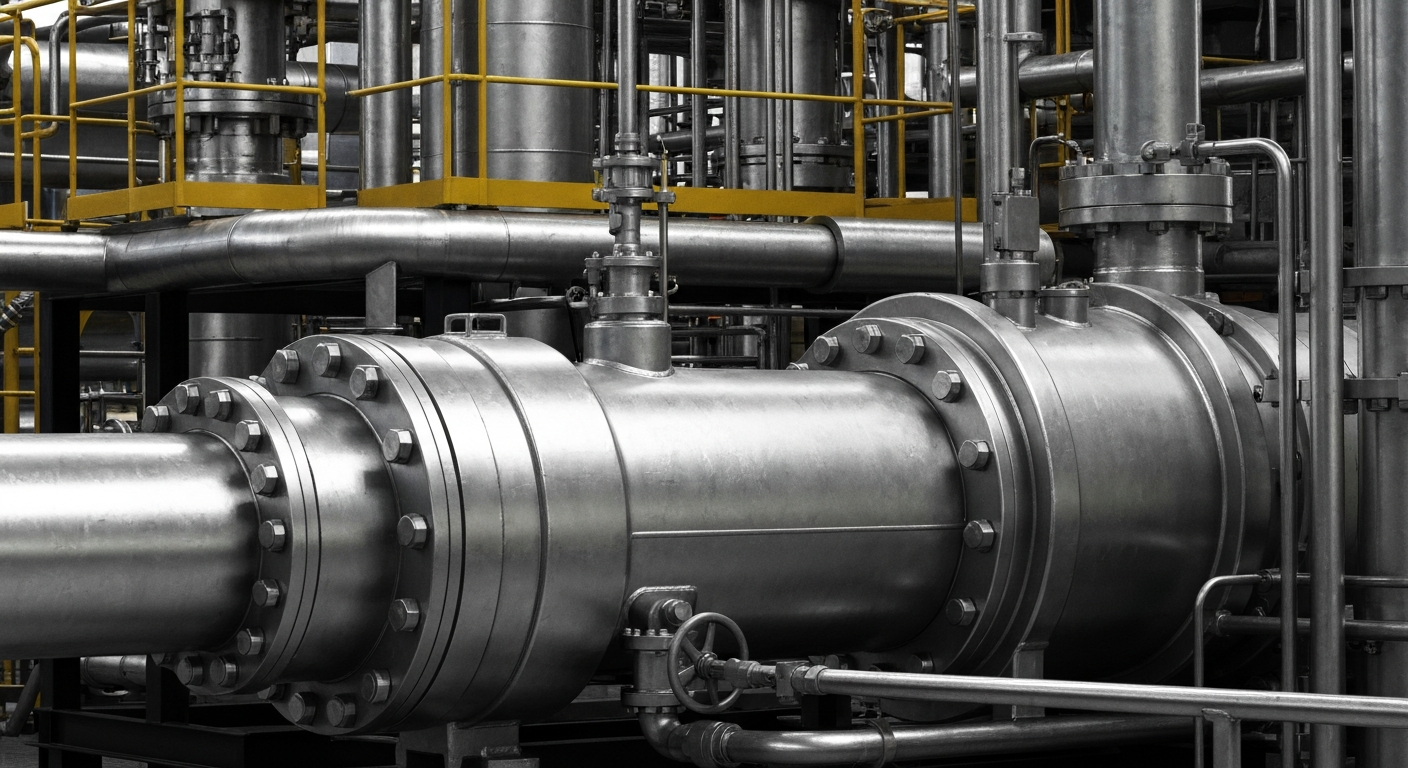 An extreme close-up of shiny, intricate industrial machinery and equipment used in oil refining, conveying the physical and financial power of Valero Energy's operations.