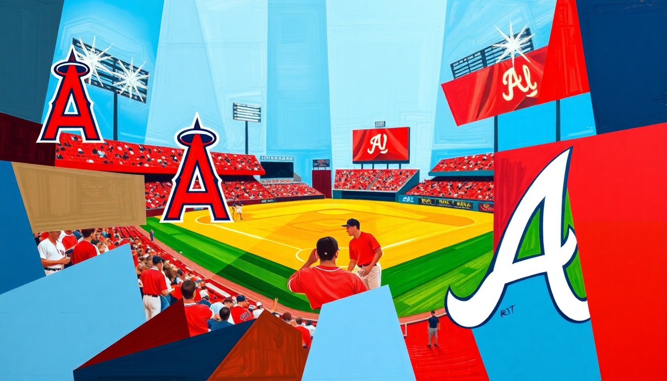 A fractured, multi-perspective painting featuring sharp, overlapping geometric planes in vibrant shades of red, navy blue, and other colors, conceptually representing the contrasting offensive approaches of the Los Angeles Angels and Atlanta Braves baseball teams.