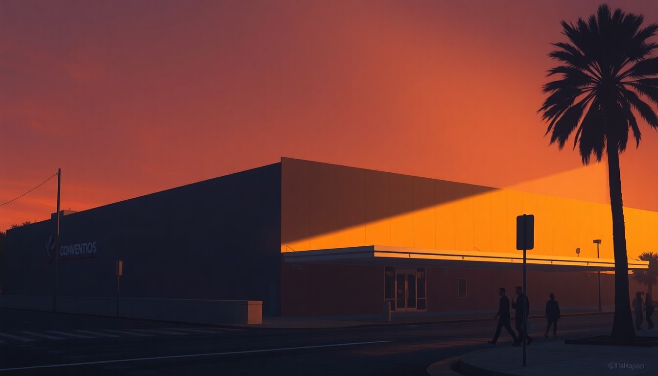 A serene, cinematic painting depicting a convention center building in soft, warm light, with a few pedestrians walking by on the sidewalk, conveying a sense of quiet contemplation about the community's priorities.