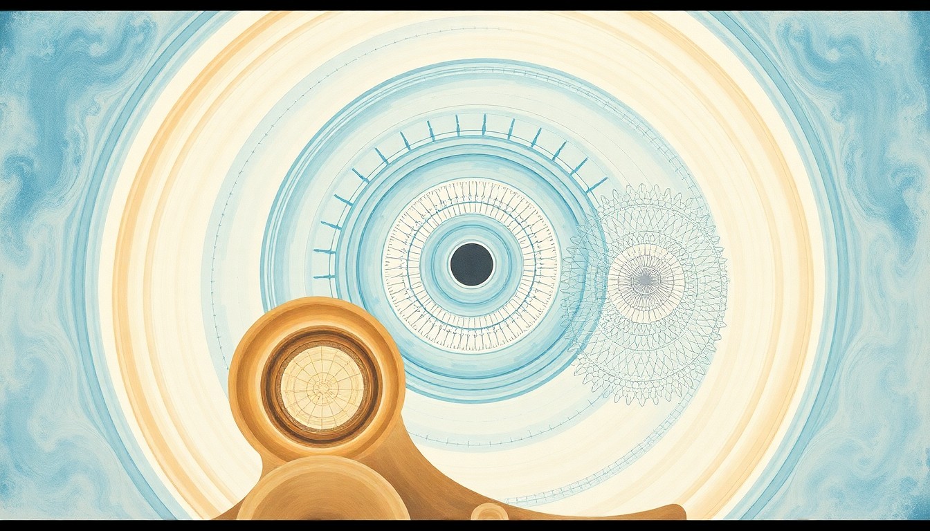 A highly textured, abstract painting in muted greens, browns, and blues, featuring sweeping geometric shapes and botanical patterns that conceptually represent the complex interplay of groundwater flows, aquifer levels, and human demands on water resources in Loudoun County.