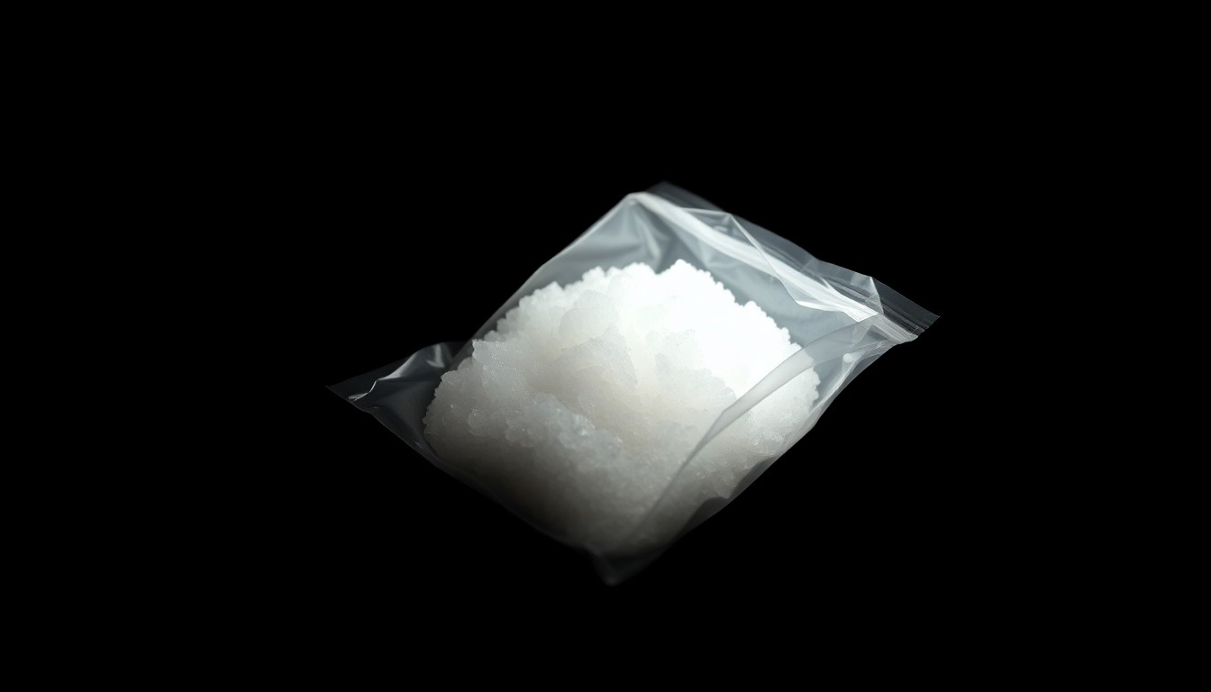 An extreme close-up of a small plastic bag containing a white crystalline substance, lit by a harsh, direct camera flash against a pitch-black background, conceptually representing the gritty reality of drug-related crimes.