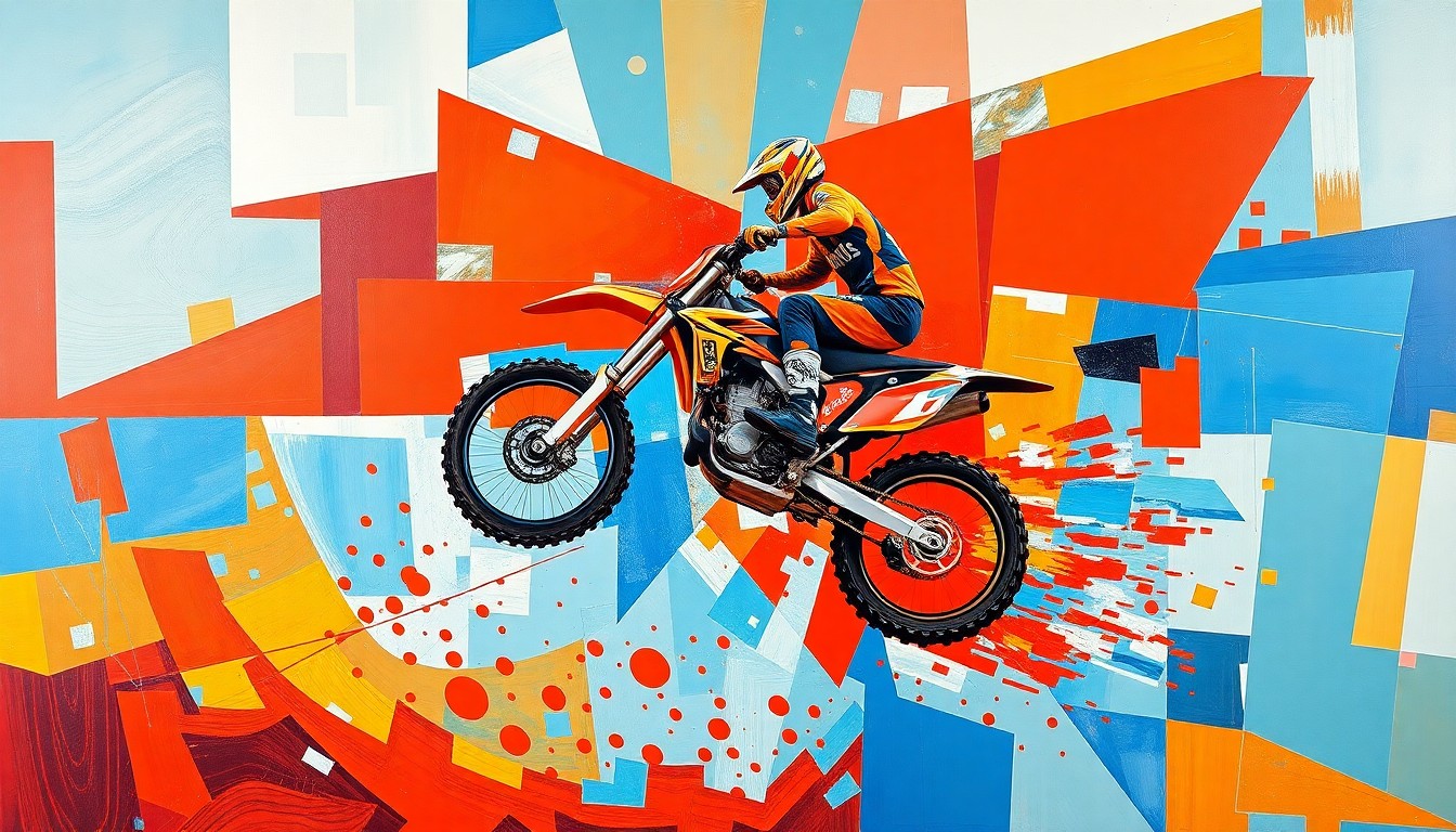 A fractured, cubist-style painting depicting a motocross rider mid-jump, broken down into sharp, overlapping geometric shapes in a vibrant color palette, conceptually representing the physical demands and risks of the sport.