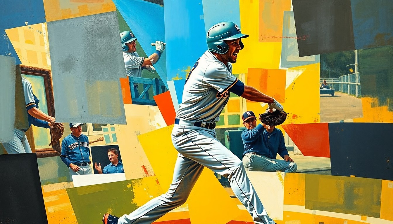 A fractured, multi-perspective painting depicting the intense motion and emotion of a baseball player, with sharp geometric planes of color and form obscuring the player's face but conveying the energy and drama of the moment.