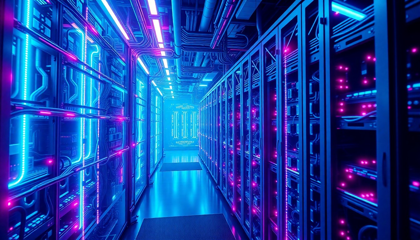 A highly detailed, glowing 3D illustration of a futuristic data center or server farm, with neon cyan and magenta lights illuminating the intricate network of cables, circuit boards, and cooling systems, conceptually representing the complex technological infrastructure underlying the use of AI in the media industry.