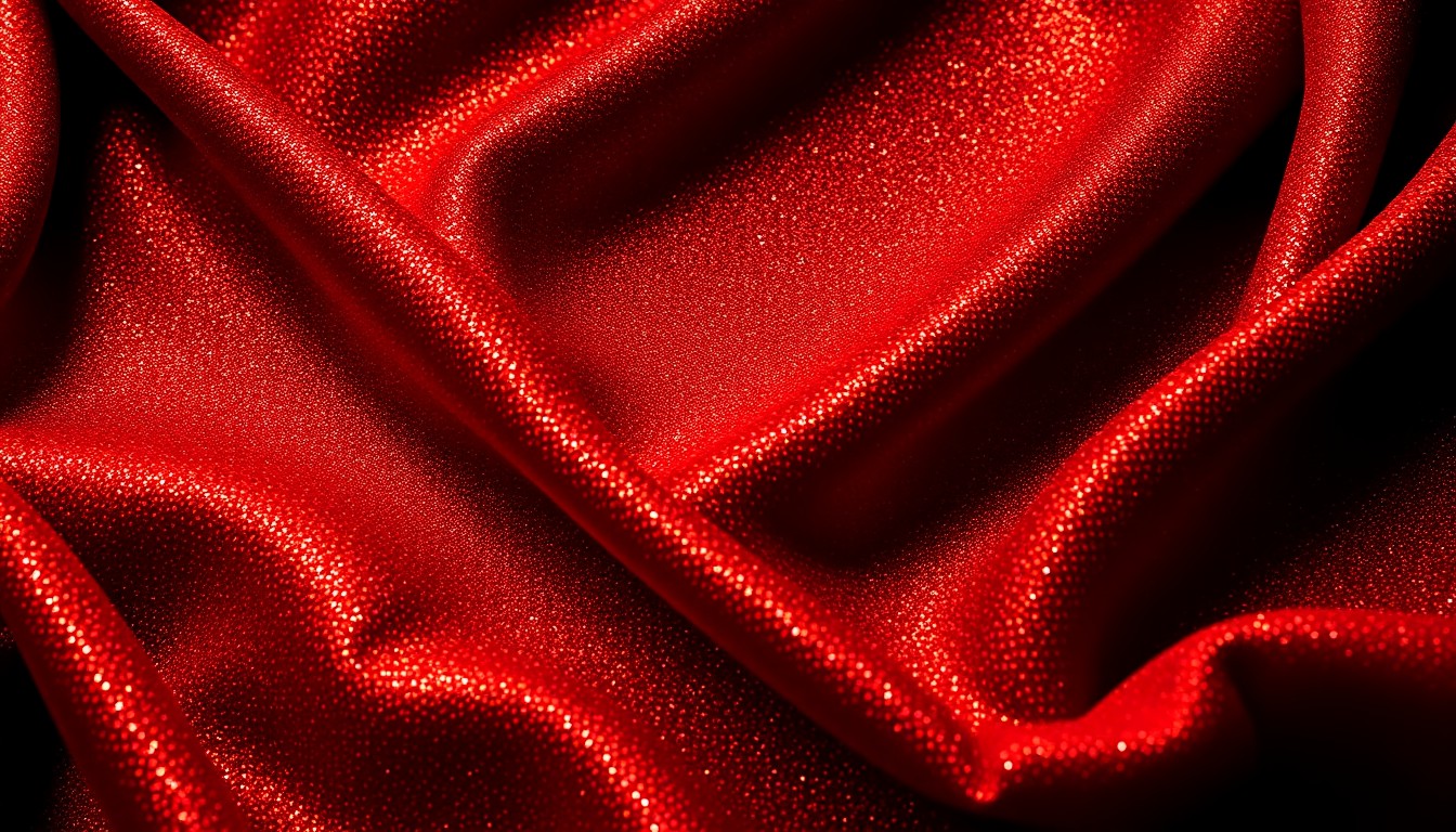 An extreme close-up photograph of a rich, shimmering fabric texture in deep burgundy and gold hues, conveying a sense of glamour and celebration.
