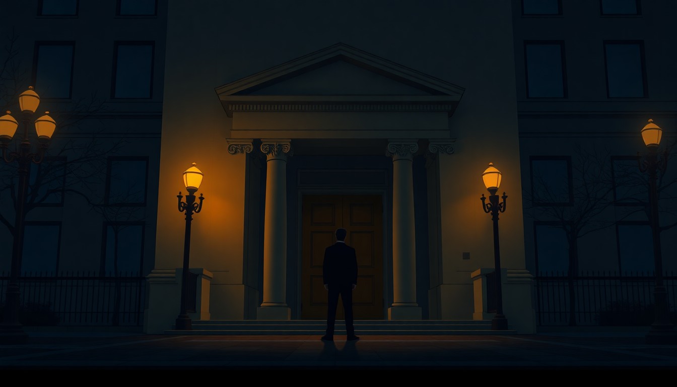 A cinematic painting depicting a lone figure standing in the doorway of a government building, the warm glow of streetlights casting long shadows across the scene, creating a pensive, nostalgic mood that reflects the political challenges facing the state.