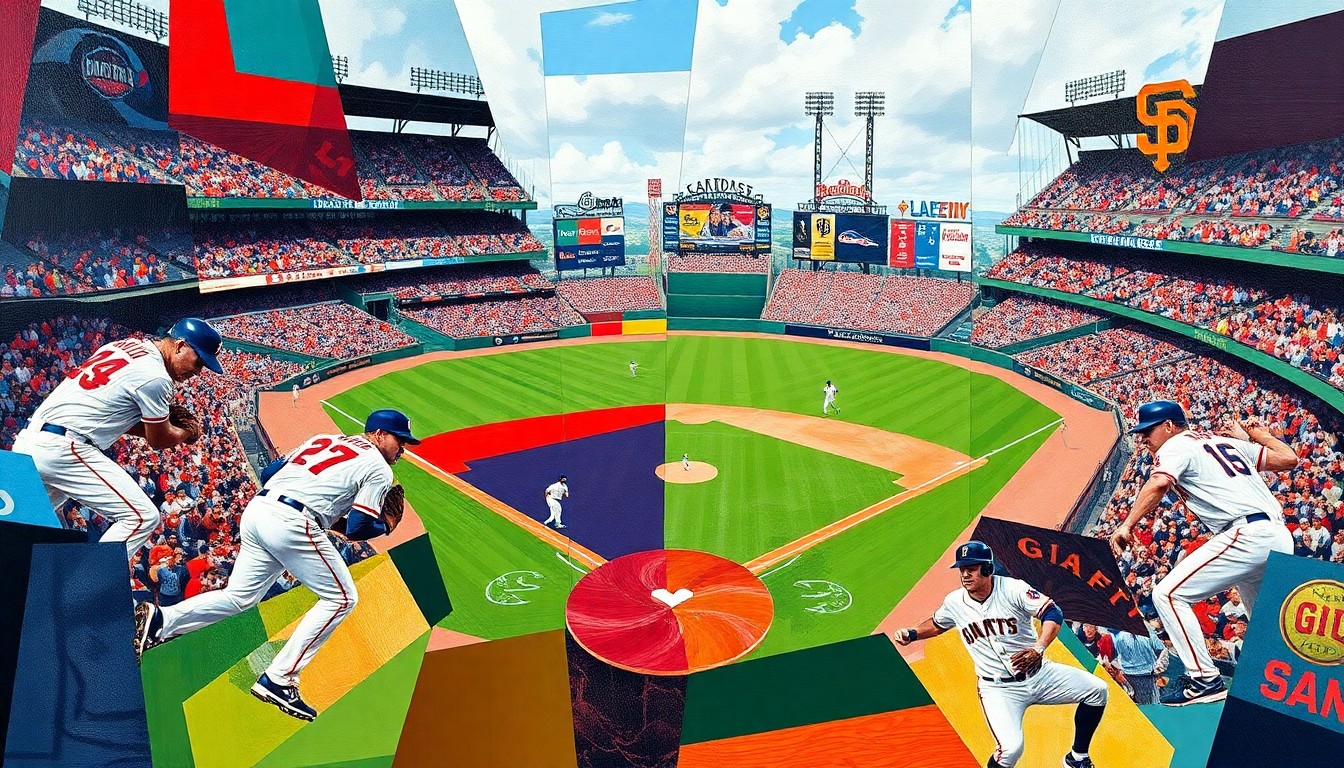 A fractured, geometric painting depicting a baseball game between the Philadelphia Phillies and San Francisco Giants, with sharp planes of color representing the players and field of play.