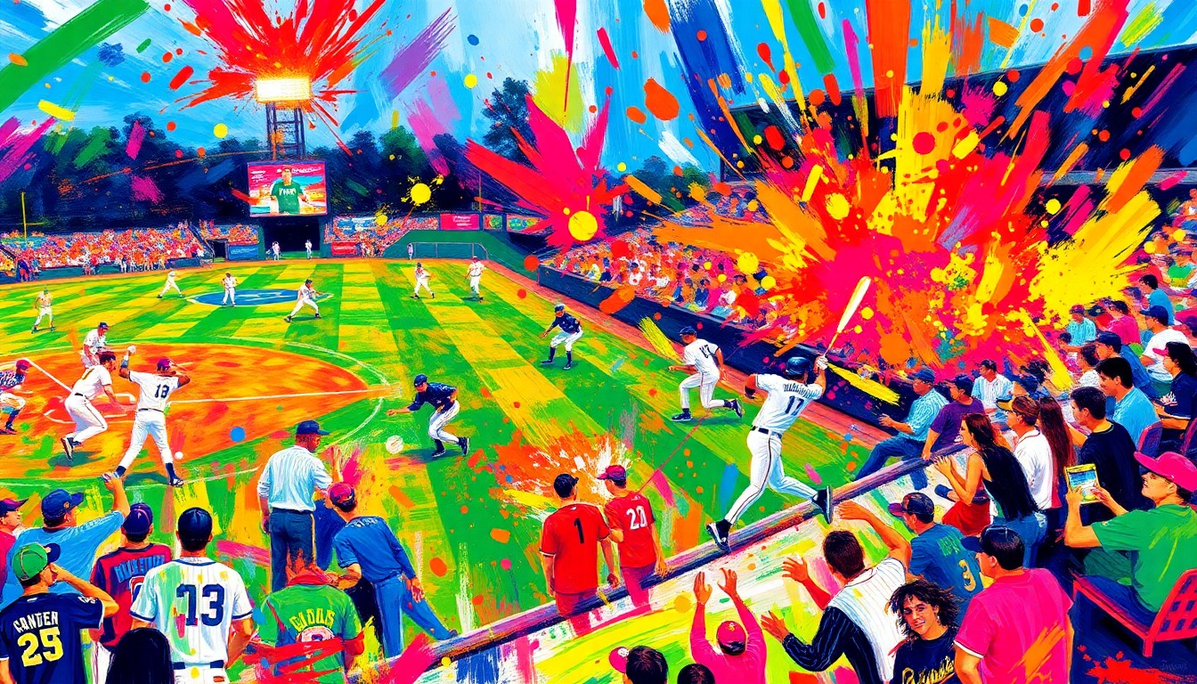 An abstract, energetic painting in neon colors depicting the motion and excitement of a college baseball game, with players' figures and the crowd blending into a vibrant, expressionist composition.