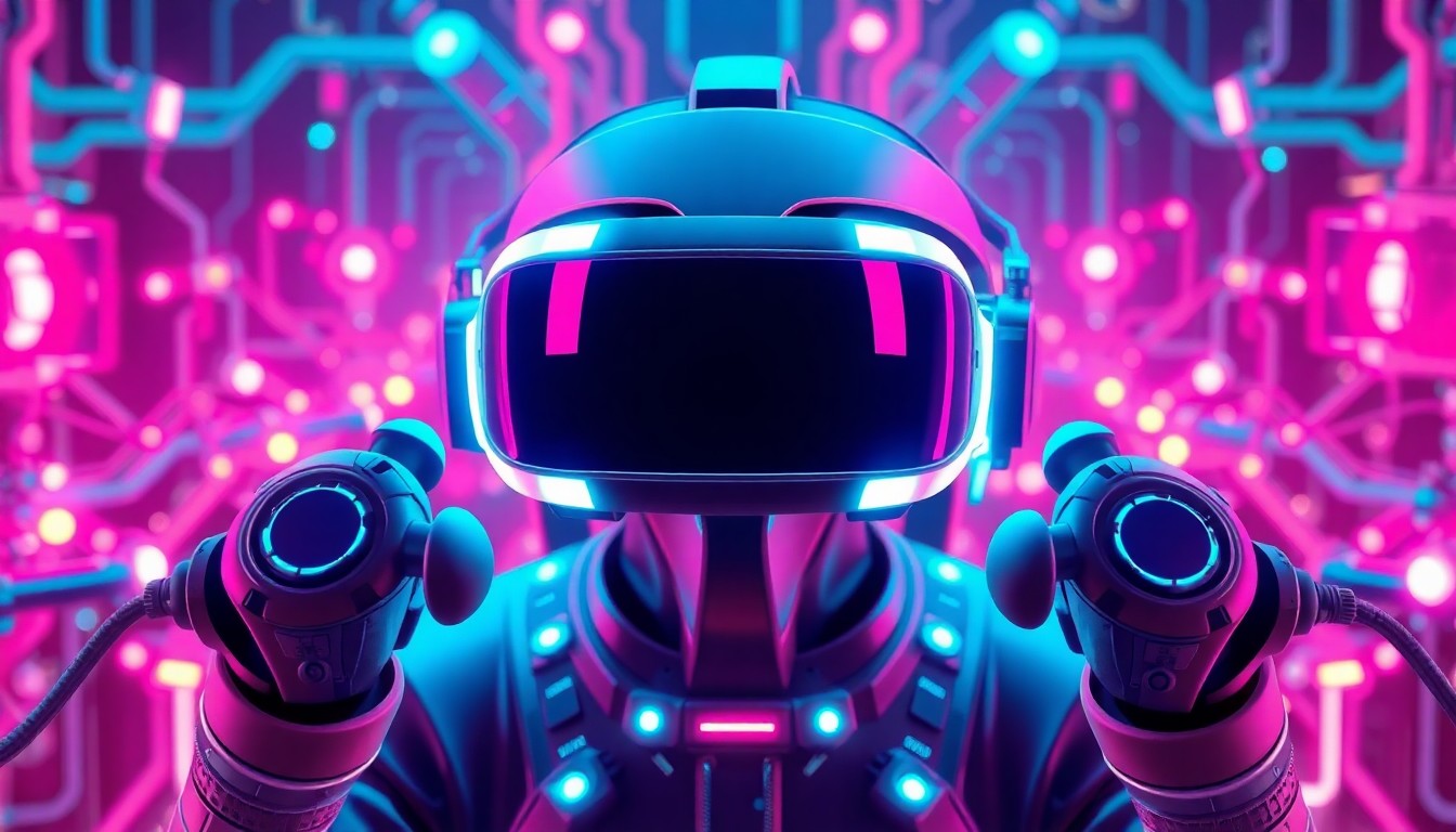 A highly detailed, glowing 3D illustration of a futuristic virtual reality headset and controllers, surrounded by a network of luminous cybernetic hardware elements in neon cyan and magenta, conceptually representing the advanced technology powering the future of virtual reality.