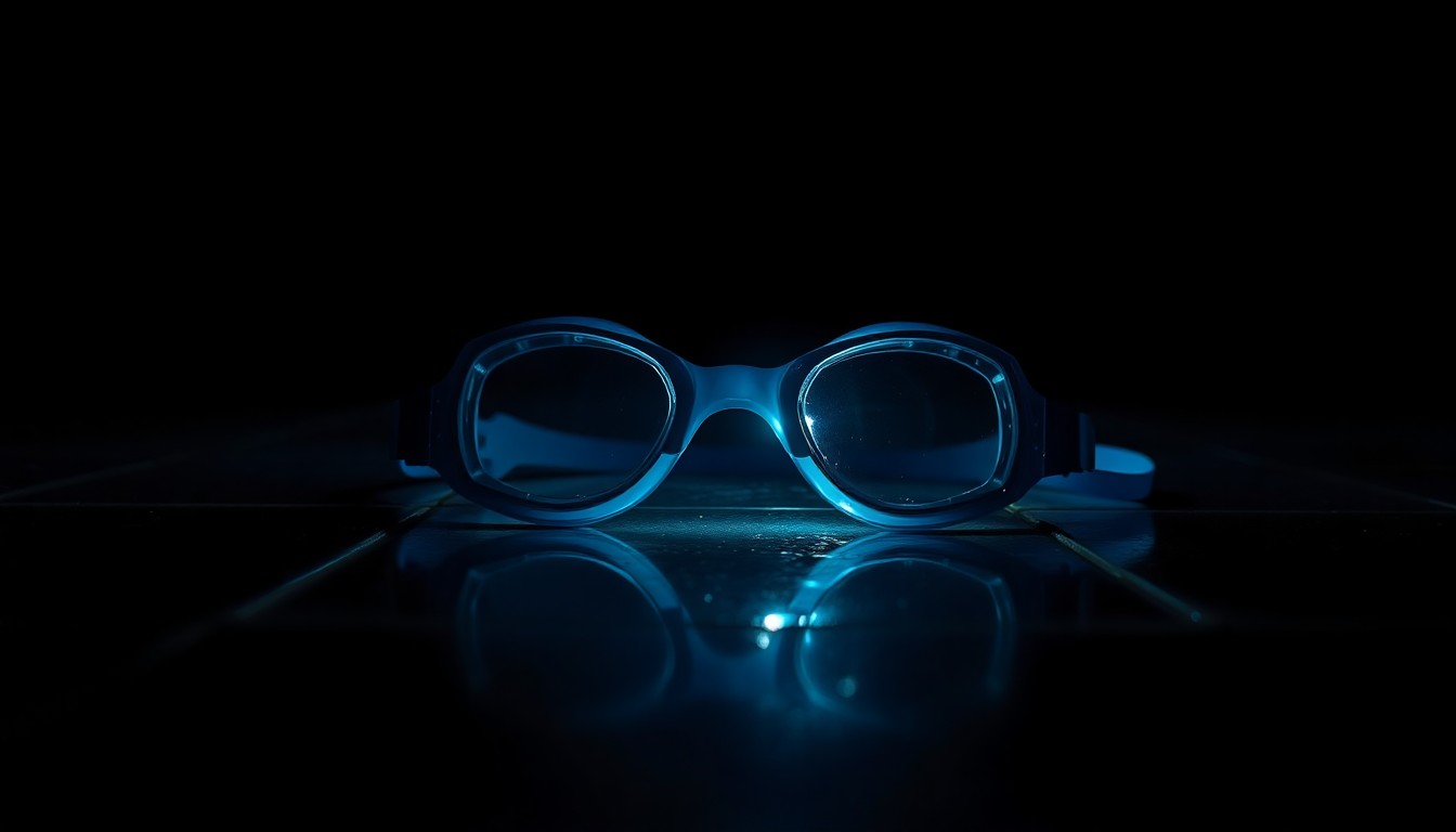 An extreme close-up of a pair of child's swimming goggles lying on a wet, tiled floor, reflecting a harsh, direct camera flash. The dramatic lighting and stark contrast create a somber, investigative mood.