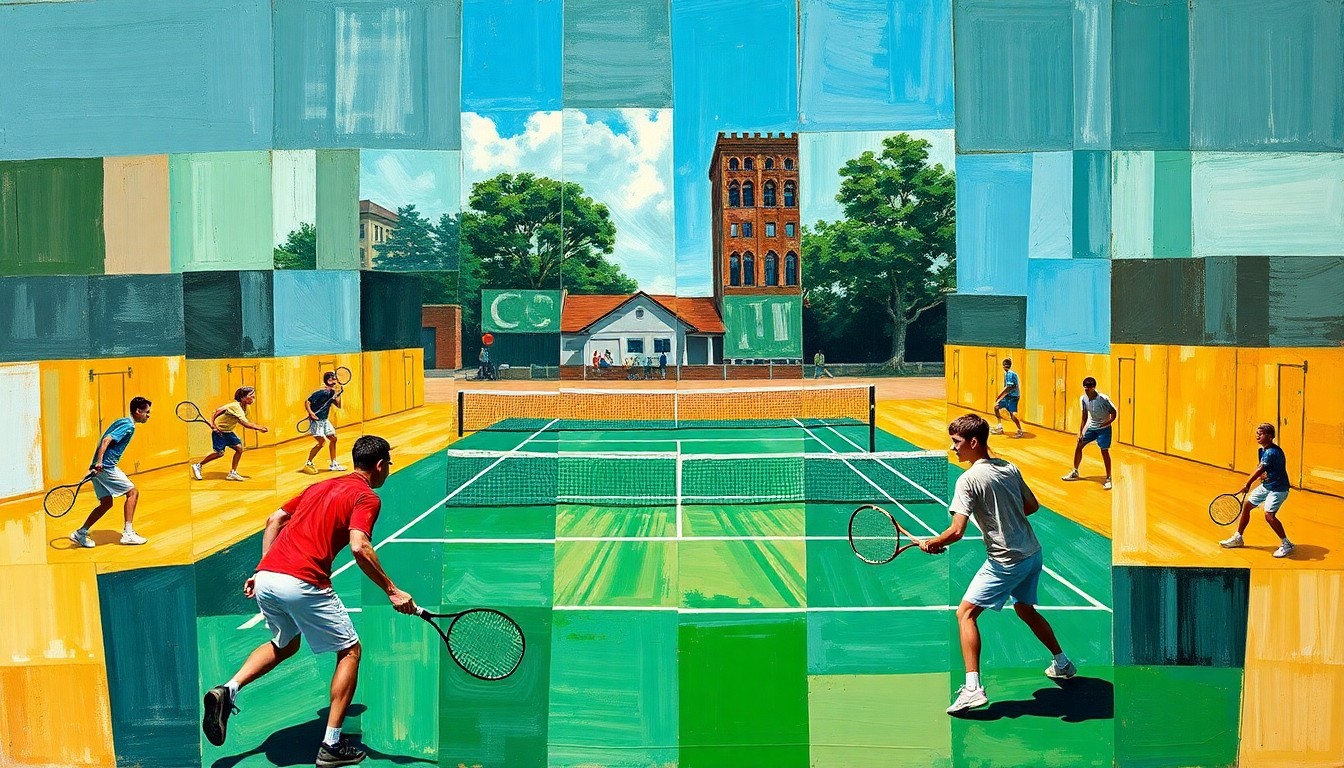 A fragmented, geometric painting depicting the dynamic movements and competitive energy of a high school tennis match, with overlapping shapes and planes representing the players, rackets, and court.
