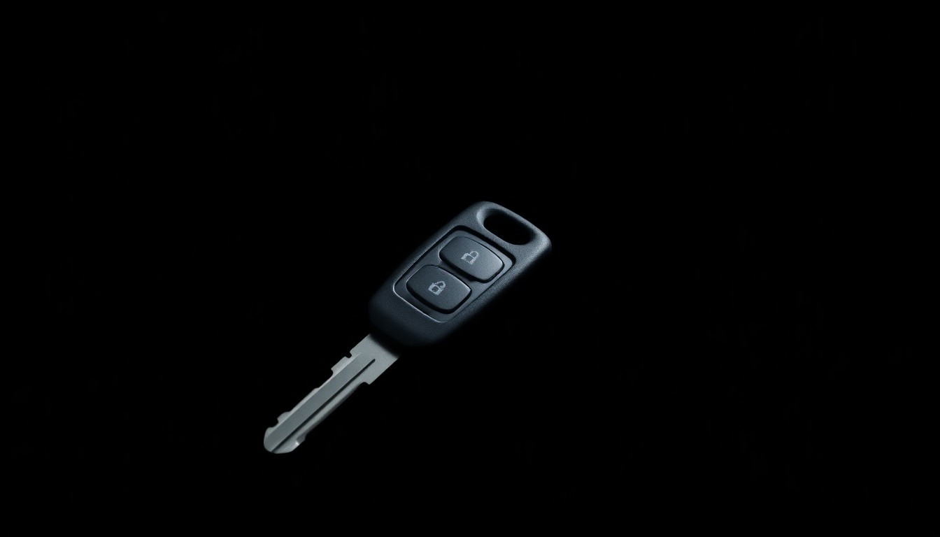 An extreme close-up of a car key and a screwdriver, sharply lit by a harsh flash against a dark background, conceptually representing the tools used in a chop shop operation.