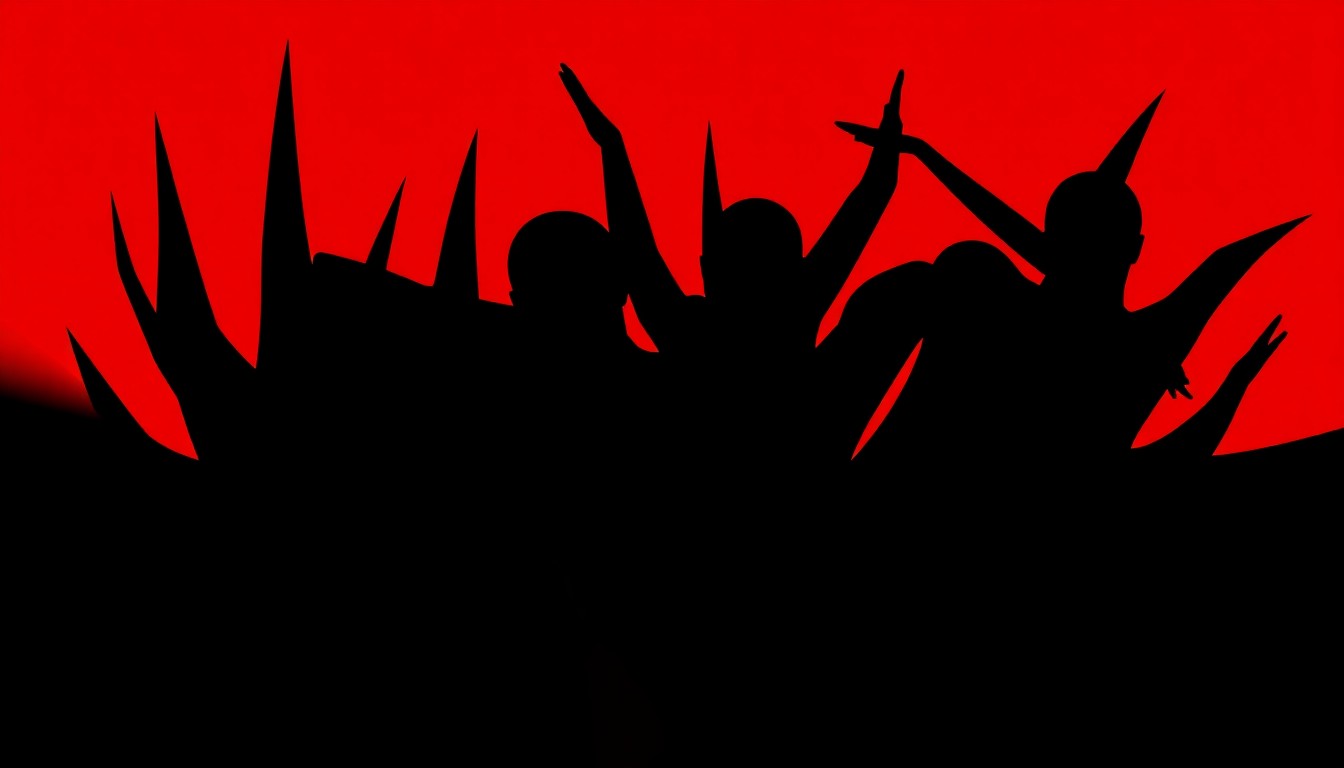 An abstract composition of sharp, angular black shapes against a vibrant red background, conveying the dynamic energy of the drum and bass music genre.