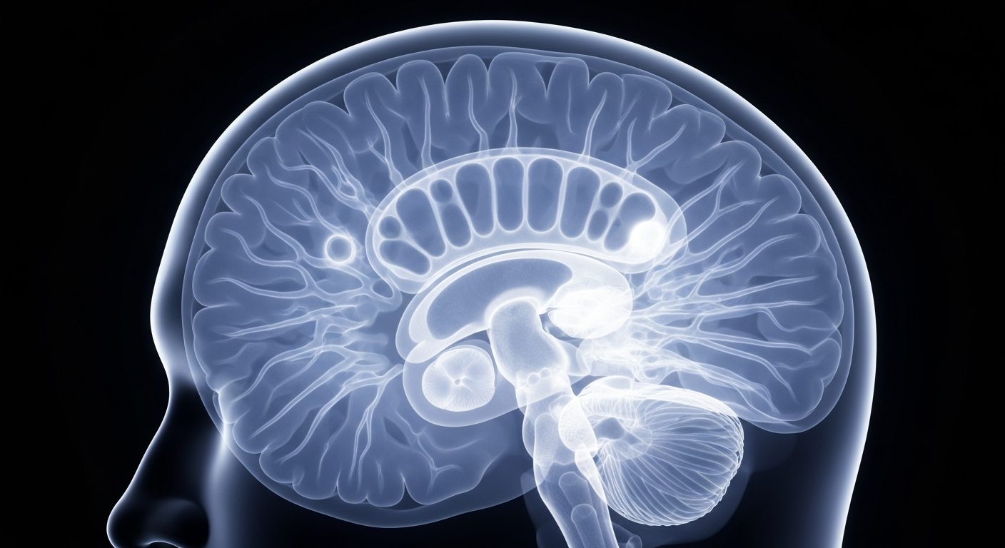 An ethereal, X-ray-style image of the human brain, with ghostly neural pathways and areas of degradation visible, conveying the biological impact of chronic stress on the brain's structure.
