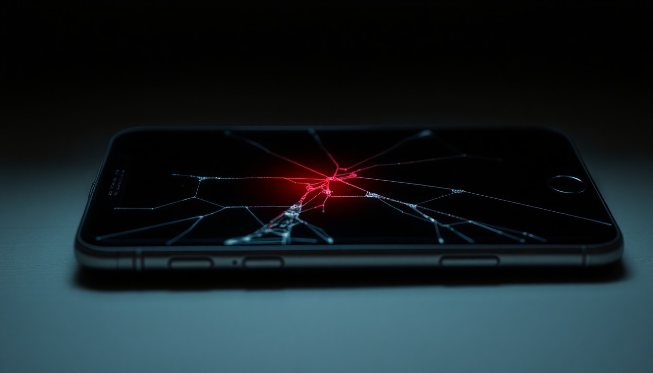 An extreme close-up of a cracked smartphone screen reflecting a faint red light, conceptually representing the aftermath of a violent domestic incident.